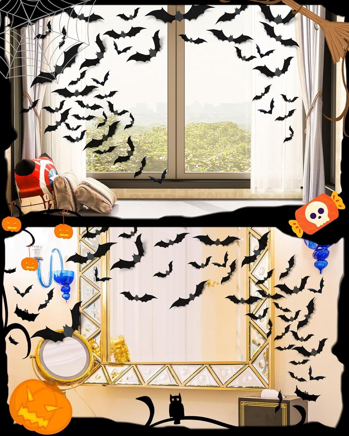 120 PCS 3D Halloween Bat Decorations, 5 Sizes PVC Wall Stickers with Double Sided Adhesive, Waterproof Spooky Bat Decals for Indoor Outdoor Halloween Party Window Door Wall Decor