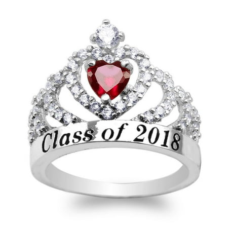Garnet Clasp - White Gold Plated School Class of 2018 Graduation Heart Garnet Red CZ Ring Size 5-10