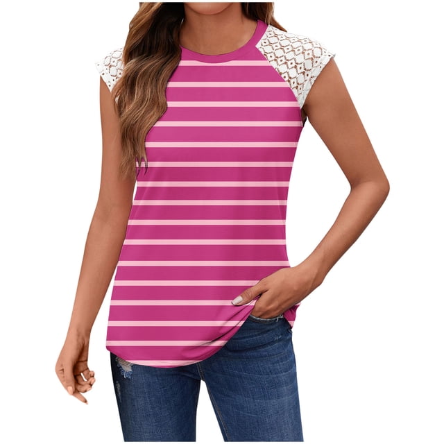 fatyb Camisoles Rayées pour Femmes en Dentelle Sans Manches T-Shirts Col Rond Tunique Décontractée Ample Blouses d'Été