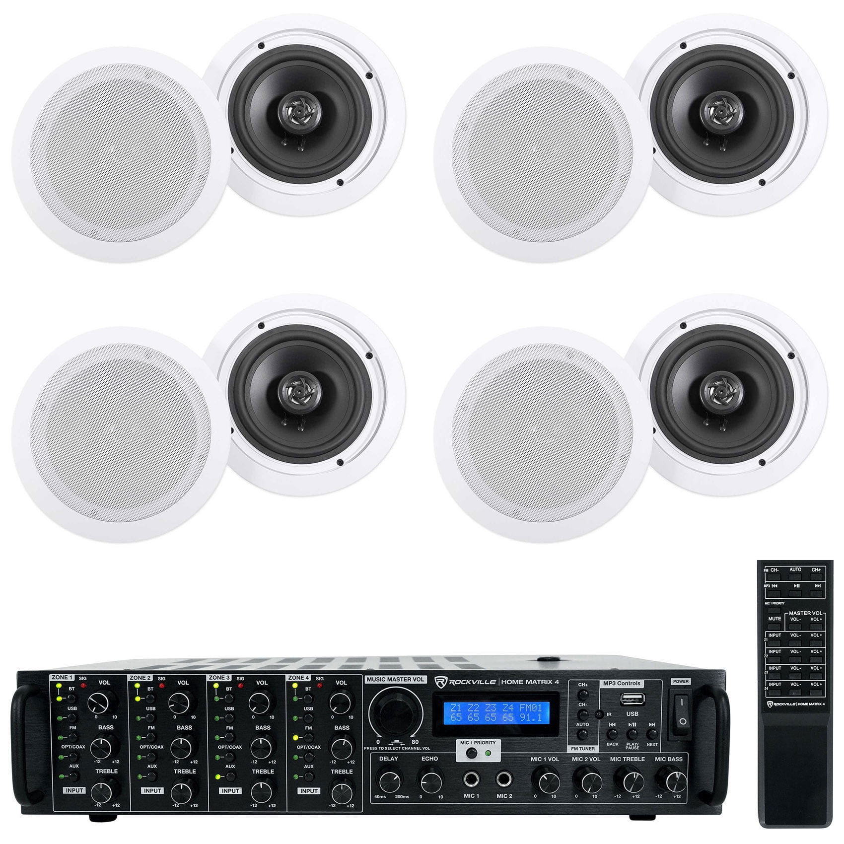 Rockville 4Room Home Ceiling Speaker System w/(8) 6.5" Speakers+4 Zone
