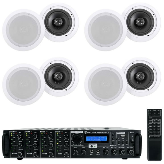 Rockville 4-Room Home Ceiling Speaker System w/(8) 6.5" Speakers 4 Zone Receiver