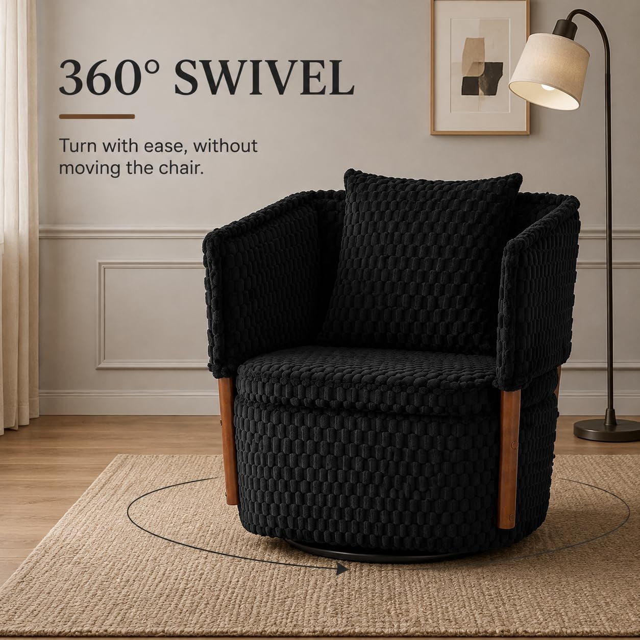 MOONIMSS 360°Swivel Accent Chair, Corduroy Vanity Chair with Storage,Black