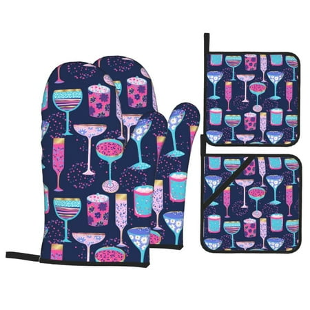 

Oven Mitts and Pot Holders 4 pcs Set Wine Glasses And Cocktails Heat Resistant Pot Holders Oven Mitts for kitchen Non-Slip Hanging Loop Oven Glove Potholders for Baking Cooking