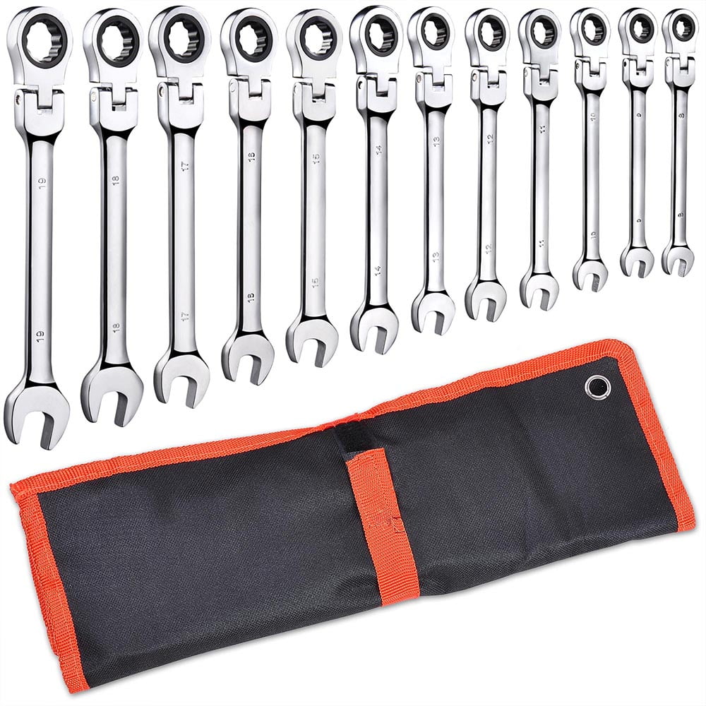 12PCS 8-19mm Metric Flexible Head Ratcheting Wrench Combination Spanner Tool Set 