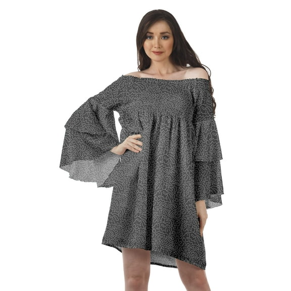 Moomaya Gray Womens Off Shoulder Summer Beach Dress Cotton Vacation Dress With Bell Sleeves - 2XL