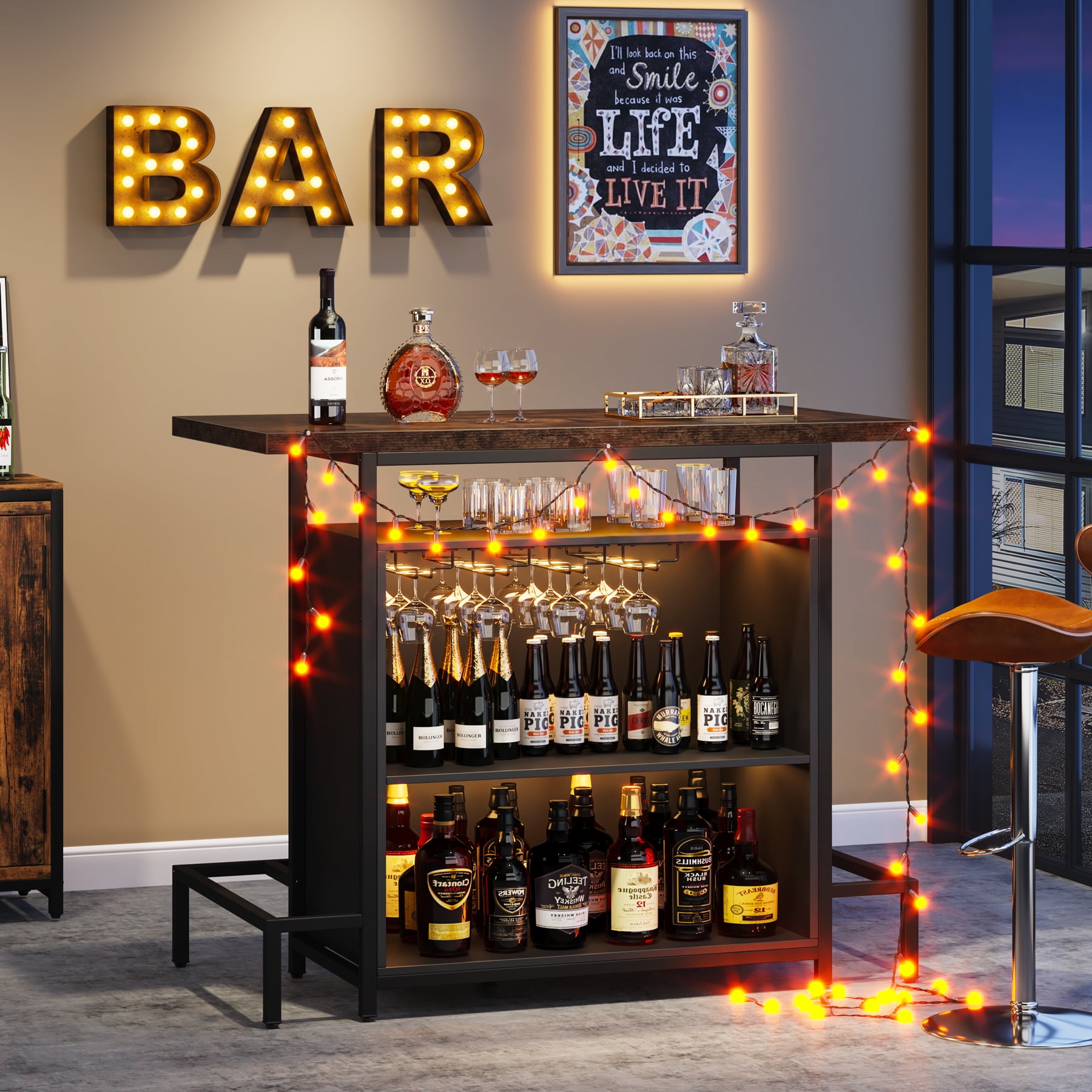Tribesigns Home Bar Unit, 3-Tier Liquor Bar Table with Glasses Holder, Mini Bar for Den Home Pub (Vintage Brown)
