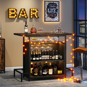 Tribesigns Home Bar Unit, 3-Tier Liquor Bar Table with Glasses Holder, Mini Bar for Den Home Pub (Vintage Brown)