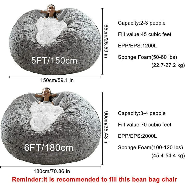7ft Giant Bean Bag Chair (No Filler) Ultra Soft Bean Bag Bed for Adults (No  Filler, Cover only) Washable Ultra Soft PV Fur Lounger Couch Cover Beanbag