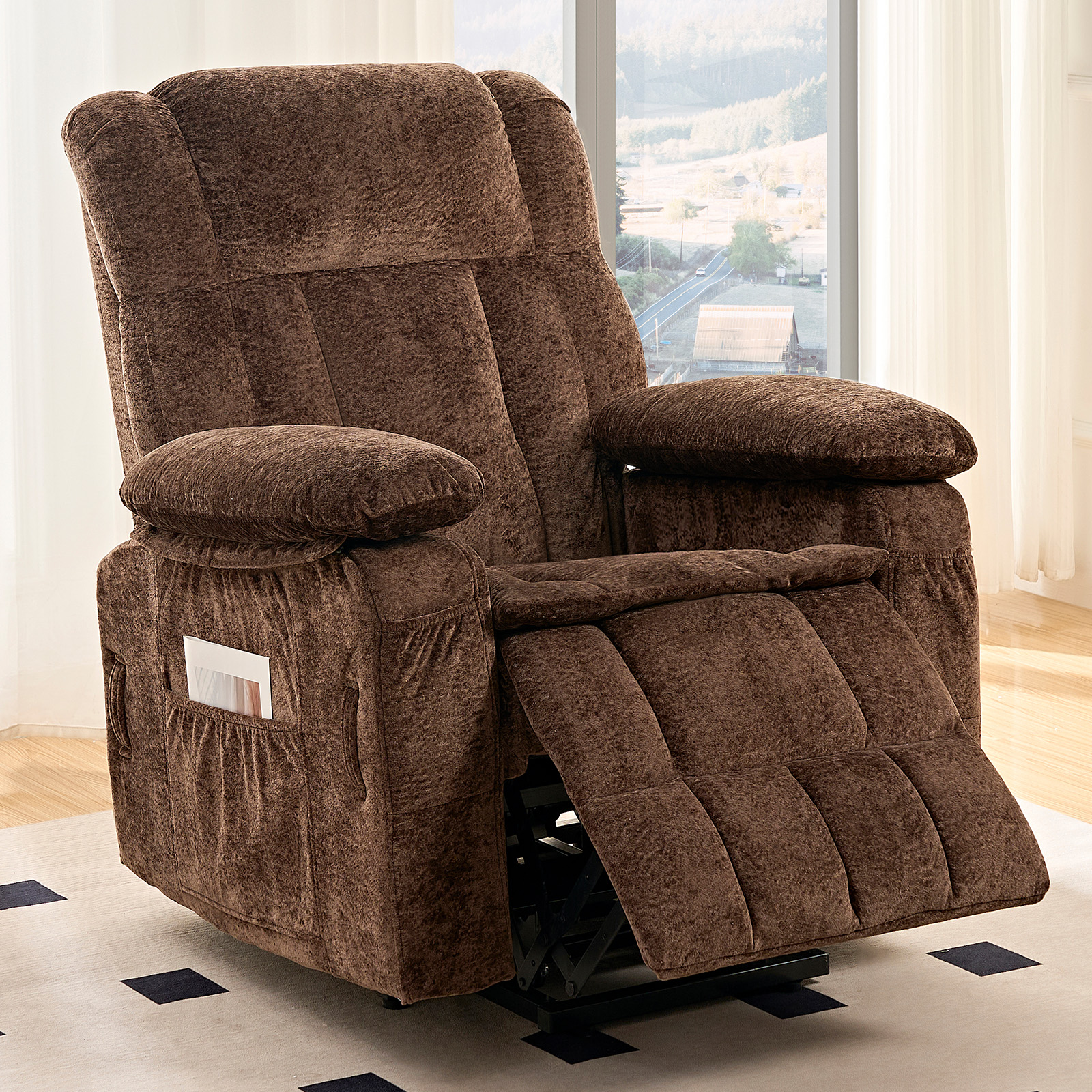 BALUS Oversized Power Lift Recliner with Dual Motor for Elderly, Velvet Arm Chair with Heat and Massage for Living Room, Brown