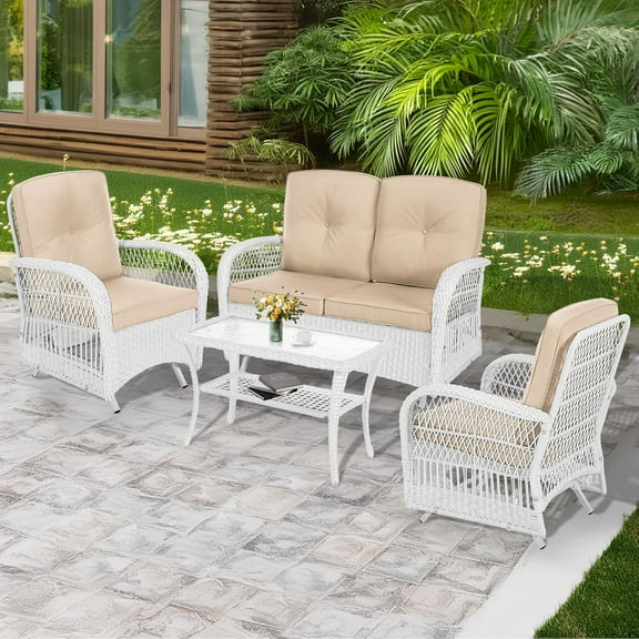 MEETWARM 4 Pieces Outdoor Wicker Patio Conversation Sets with Glider Loveseat, 2 Chairs with Coffee Table Wicker Rocking Glider Set, Wicker Conversation Set with Thickened Cushions, White Wicker/Beige