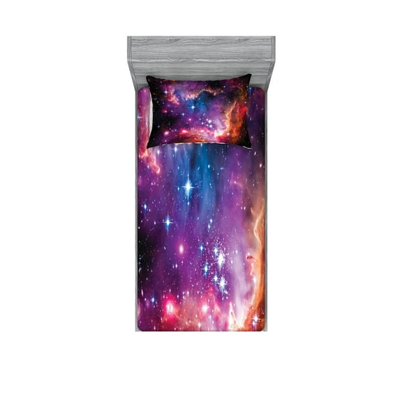 Ambesonne Cosmos Fitted Sheet & Pillow Sham Set, Magellanic Cloud Stars, Twin, Purple Blue Orange