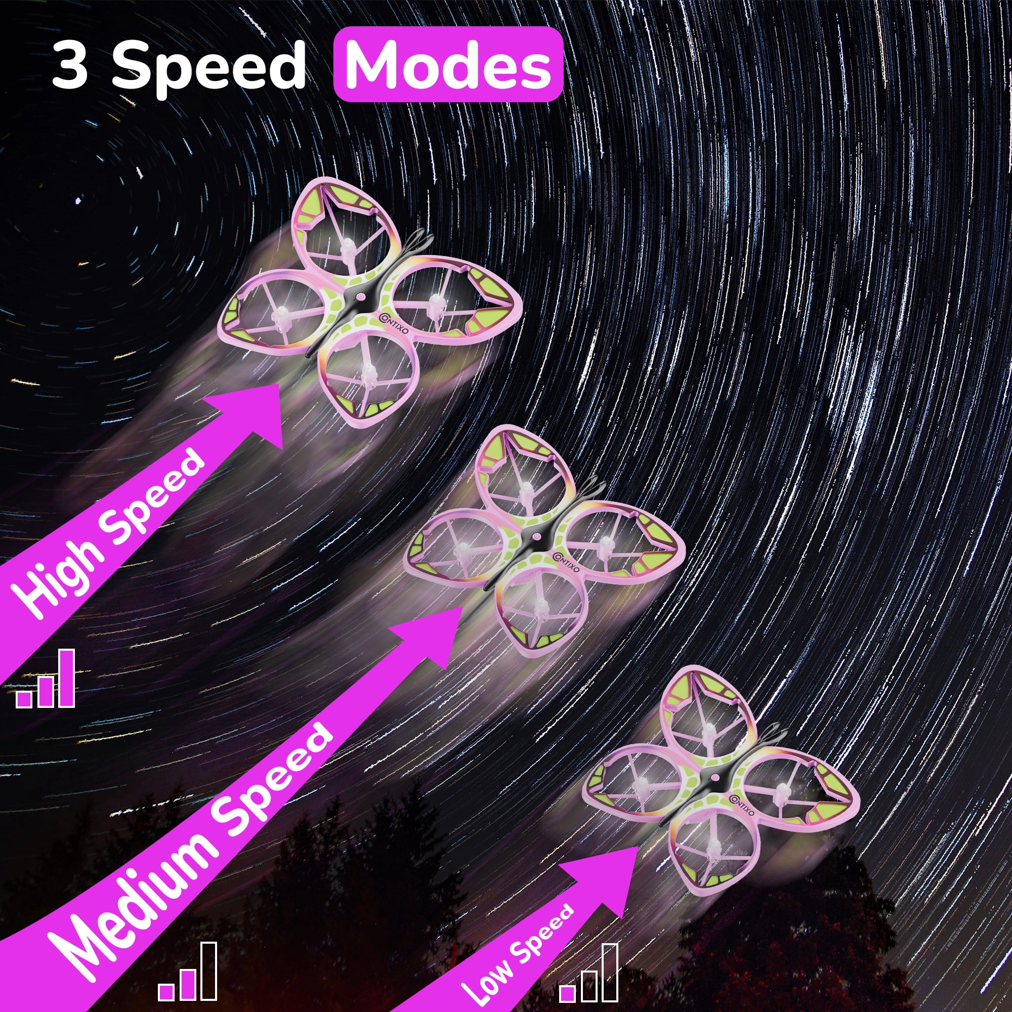 Contixo Mini Drone for Kids, Kids Drones for Adults with LED Lights, Altitude Hold, and 14-Min Flight, Pink Butterfly