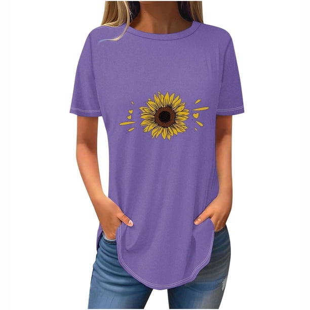 Tops de Verano de las Mujeres Suelto Ajuste Girasol Impresión Cuello Redondo Suelto 3/4 Manga Superior, Tops de Moda de las Mujeres