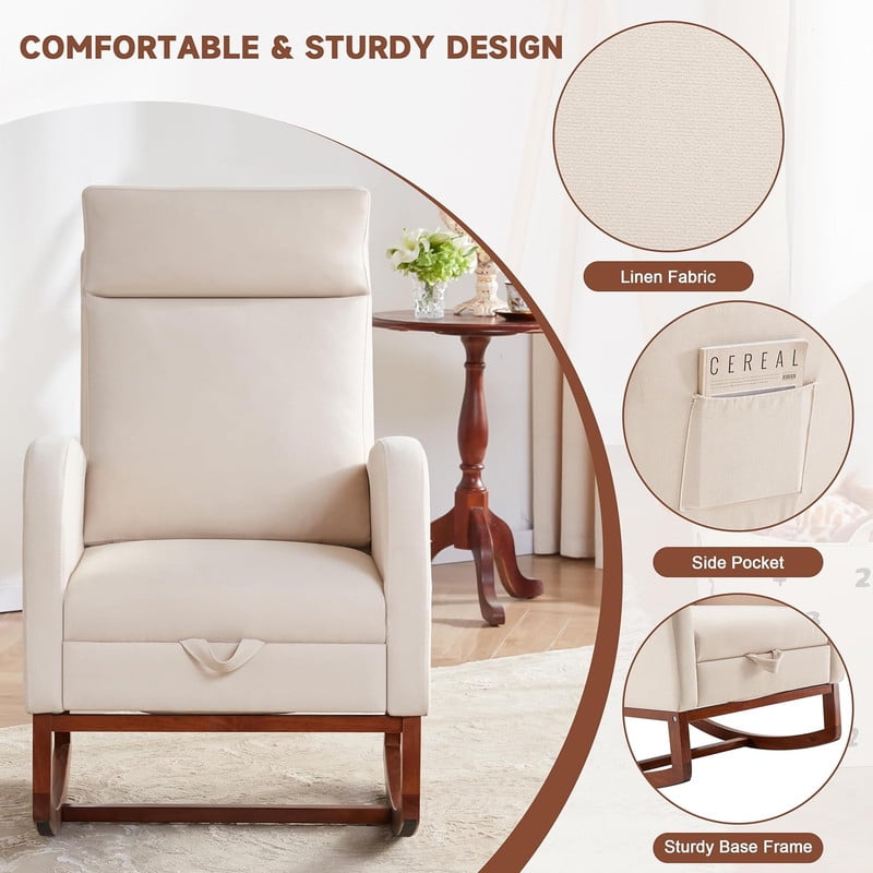 Someet Nursery Rocking Chair with Footrest,Linen Material Rocker Armchair with High Backrest and Pillow for Bedroom Living Room,Beige
