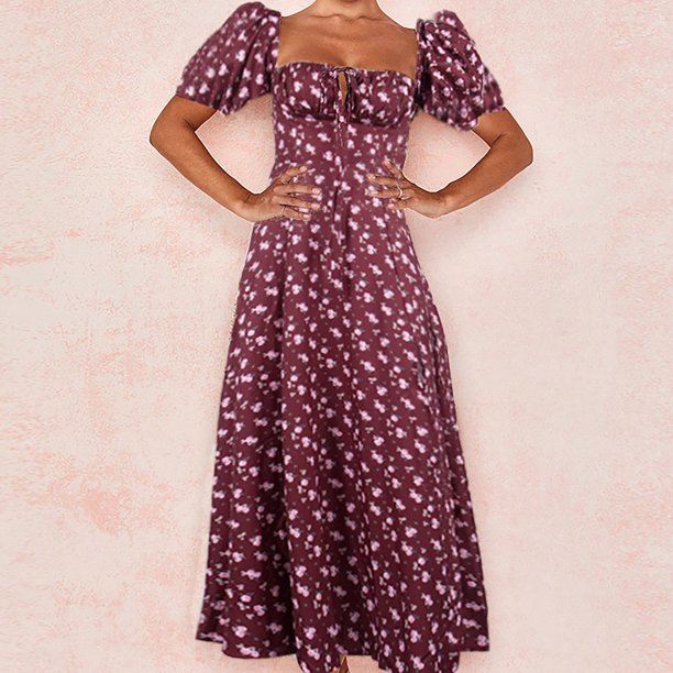 WILLBEST Vestido Midi Floral para Mujer, Vestido Fruncido con Abertura En El Busto, Estilo Bohemio, Cuello Cuadrado, Manga Corta, para Verano Mediana
