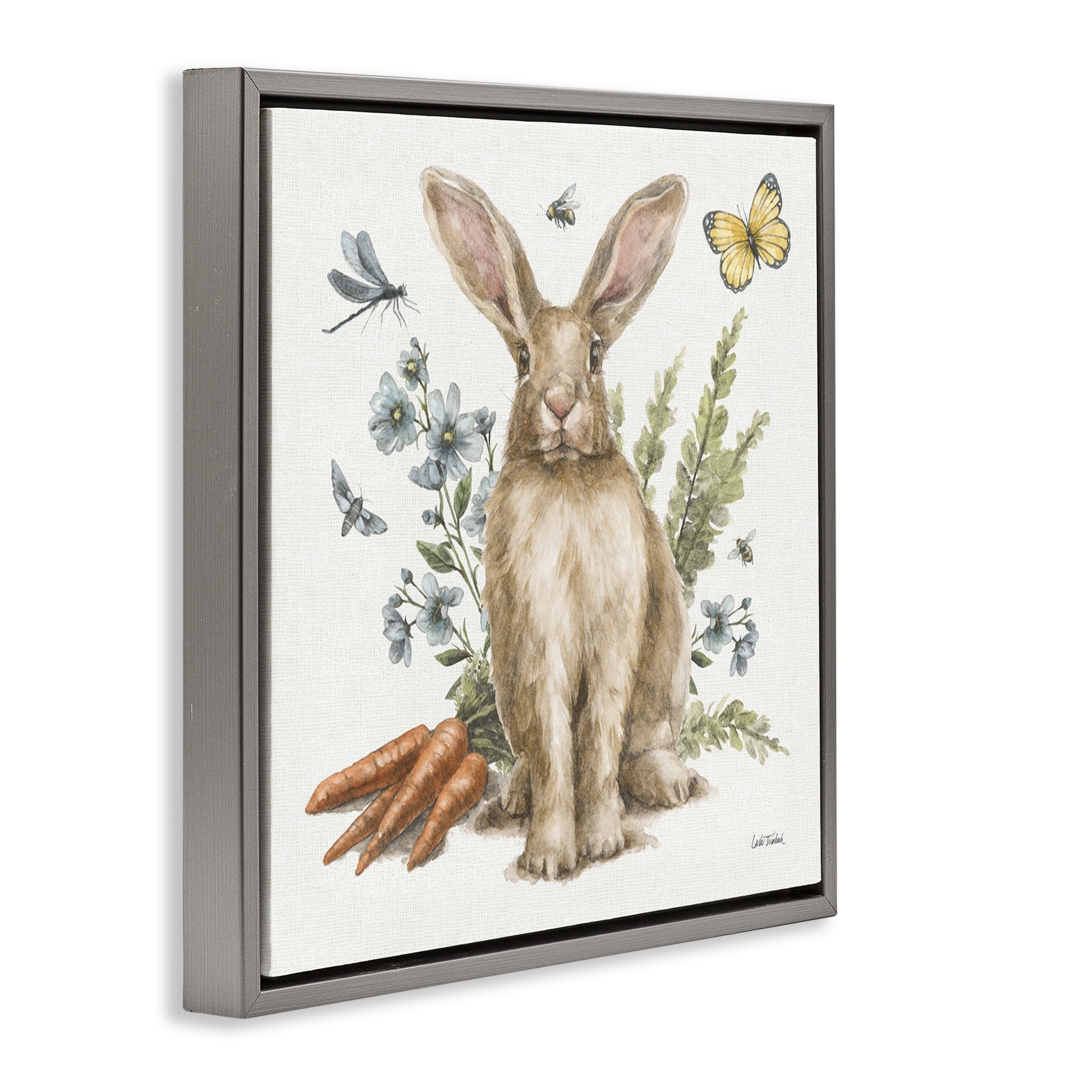 Stupell Industries Rabbit & Garden Patch Animals & Insects Painting Gray Floater Framed Canvas Art Print Wall Art, 18 x 18
