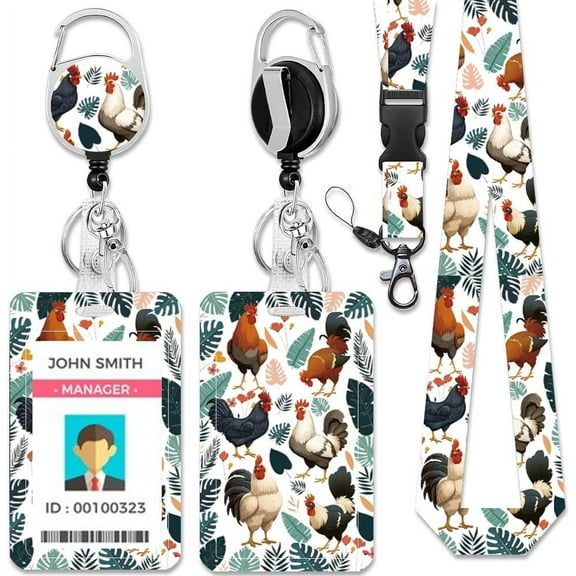 Chicken ID Badge Holder with Lanyard Flowers Leaves Retractable Plastic Name Tag ID Card Holder with Clasp for Business ID Card Teacher Student Nurse Office 4.3×2.8inch