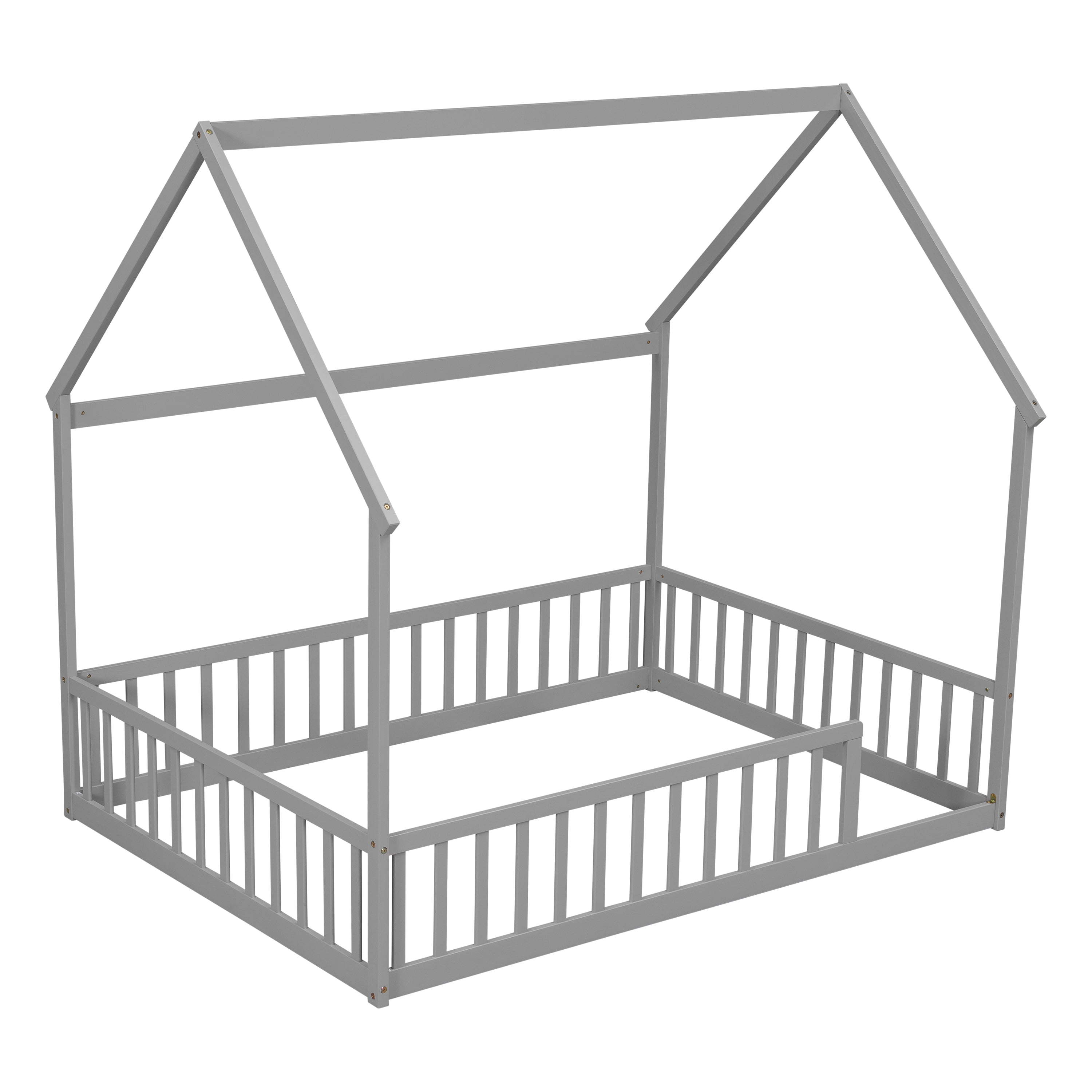 Full Size House Floor Bed with Full Surround Safety Fence, Solid Pine Wood Montessori Kids Playhouse Bed Frame Max 300 LBS No Box Spring Needed for Toddler Bedroom Nursery