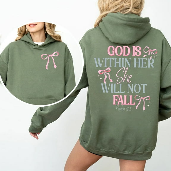 "God Is Within Her She Will Not Fall" Christian Hoodie - Psalm 46:5 Bible Verse Pullover with Pink Bow Design