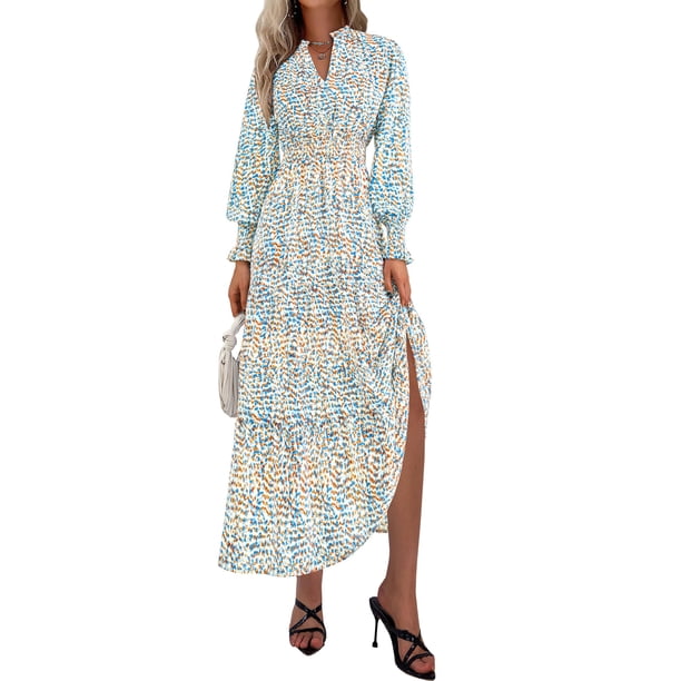 Vestido PRETTYGARDEN 2025 Floral Azul Blanco Maxi Manga Larga M