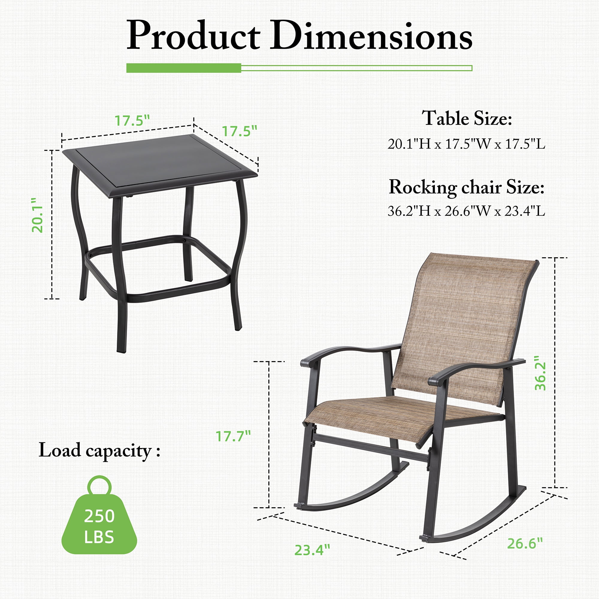 Walsunny 3 Pieces Rocking Bistro Patio Furniture Rocker Set with 2 Outdoor Rocking Chairs and 1 Glass Coffee Table for Porch Deck Lawn,Brown