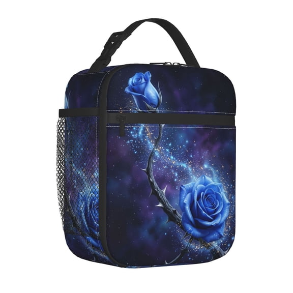 Blue Rose Lunch Box Reusable Thermal Tote Front Pocket Handheld Portable Work Office Picnic Daily Meal Bag