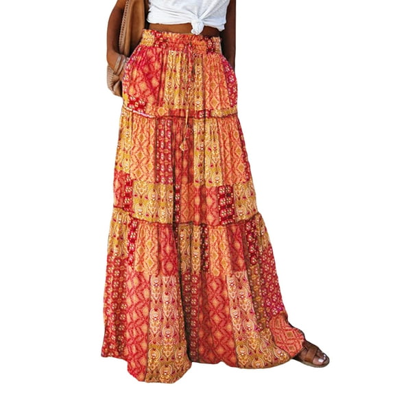 Michellecmm Women's Bohemian Skirts High Waist Tiered Long Skirts with Pockets