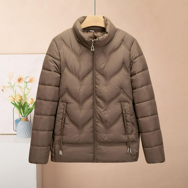Chaquetas y abrigos casuales sin mangas y sin capucha para mujer, chaqueta fina de plumón, cuello alto, color liso, manga larga, bolsillo ligero, cremallera, abrigo de poliéster para mujer