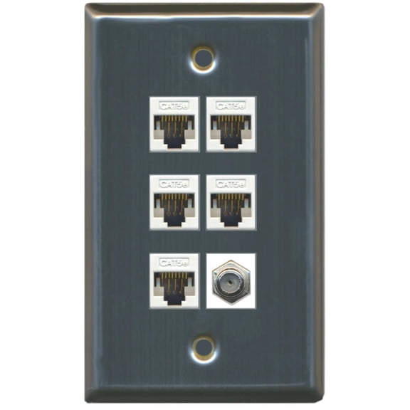 Ultra Spec Cables 1 Port Coax 5 x Cat5e Ethernet RJ45 Wall Plate Stainless Steel