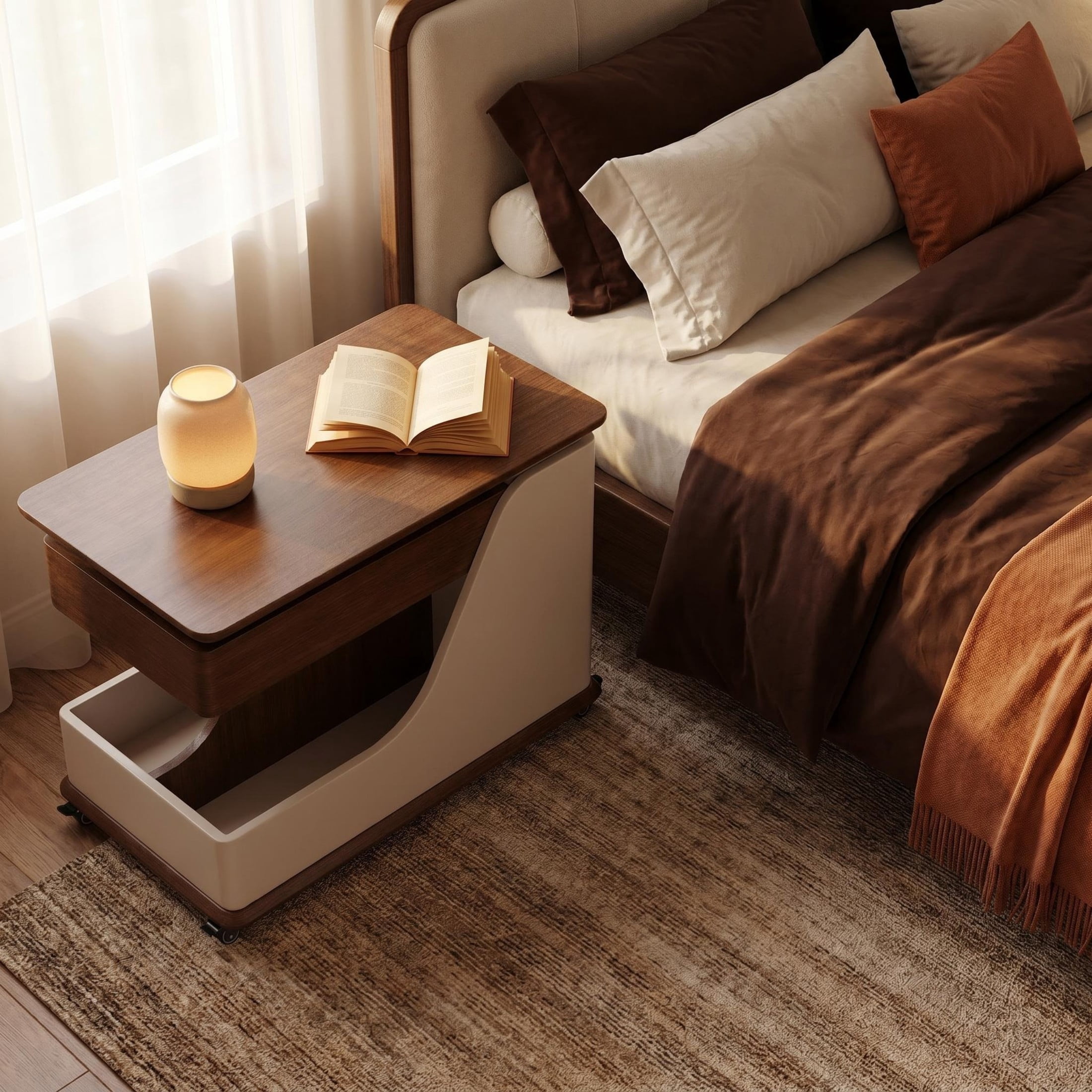 GDF Studio 27.6" Adjustable Lift-Top Side Table with Hidden Storage, 360° Swivel Top, White+Walnut