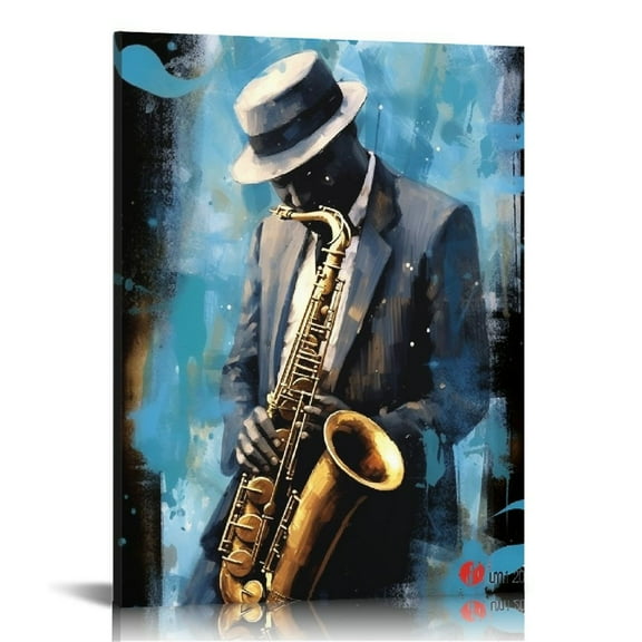 COMIO Abstract Jazz Musician Framed Canvas Wall Art Saxophone Musical Instrument Picture Giclee Retro Artwork Home Decor Stretched and Framed for Bedroom Living Room Dance 16x20in