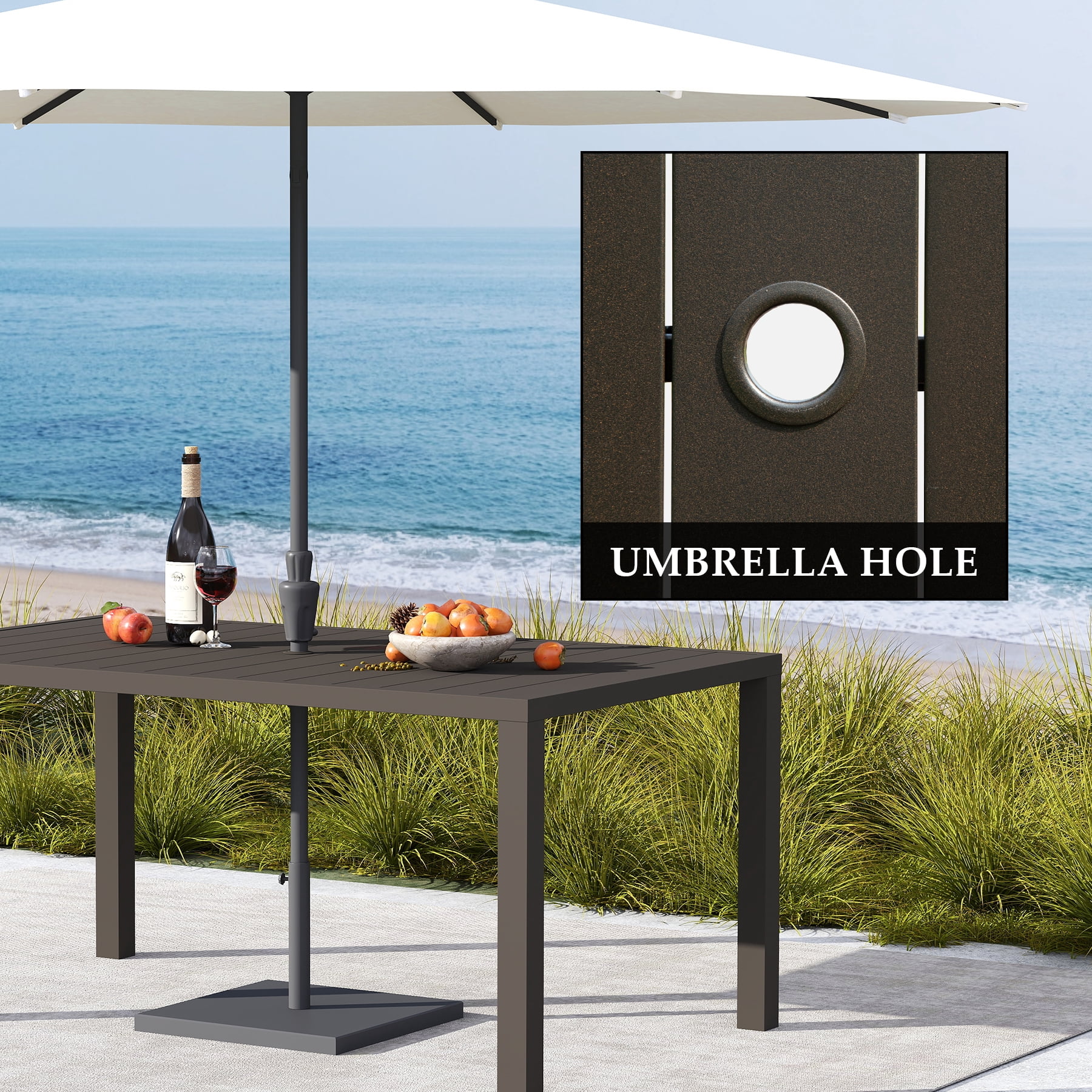 Outdoor Dining Table for 6 Person, Rectangular Slatted Metal Patio Table for Deck Garden Lawn Backyard Use with Umbrella Hole, Brown