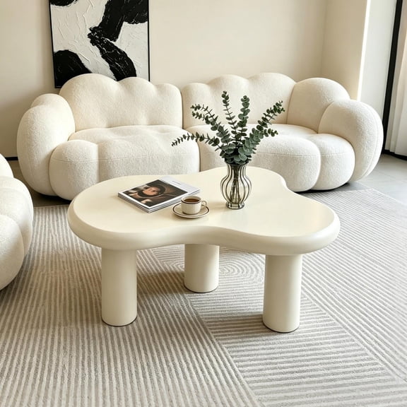 Cloud-Shaped Modern Coffee Table for Living Room with 3-Leg Design, Small Accent Center Table and Side Table for Balcony Patio Bedroom, Cream White