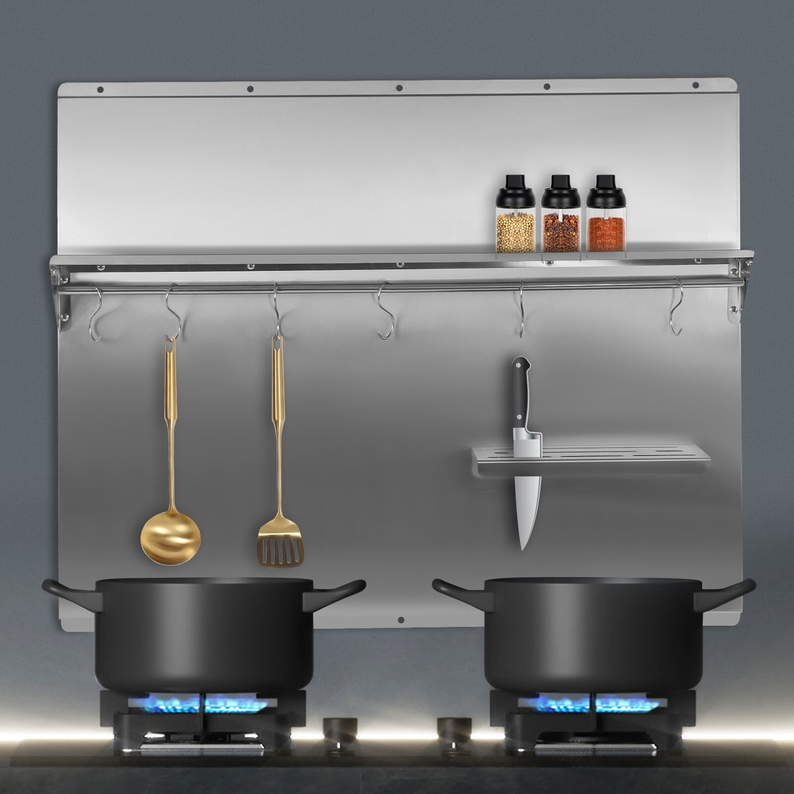 Range Backsplash with Built-in Storage Shelf, Stainless Steel Kichen Range Hood Wall Shield, Splash Plate