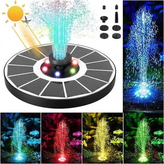 Beteliva 1.5W Solar Fountain with Color LED Lights, Upgraded Design with 6 Nozzles for Bird Baths, Ponds, Fish Tanks, and Garden Decoration
