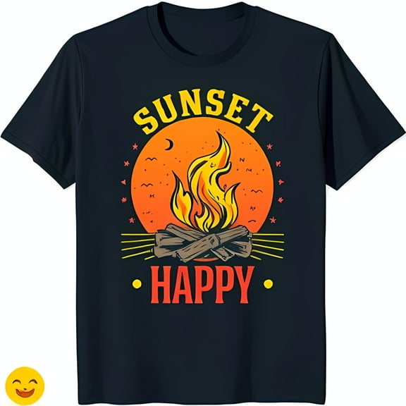 Men s Black T-Shirt with Vibrant Campfire Graphic and Sunset Happy Text