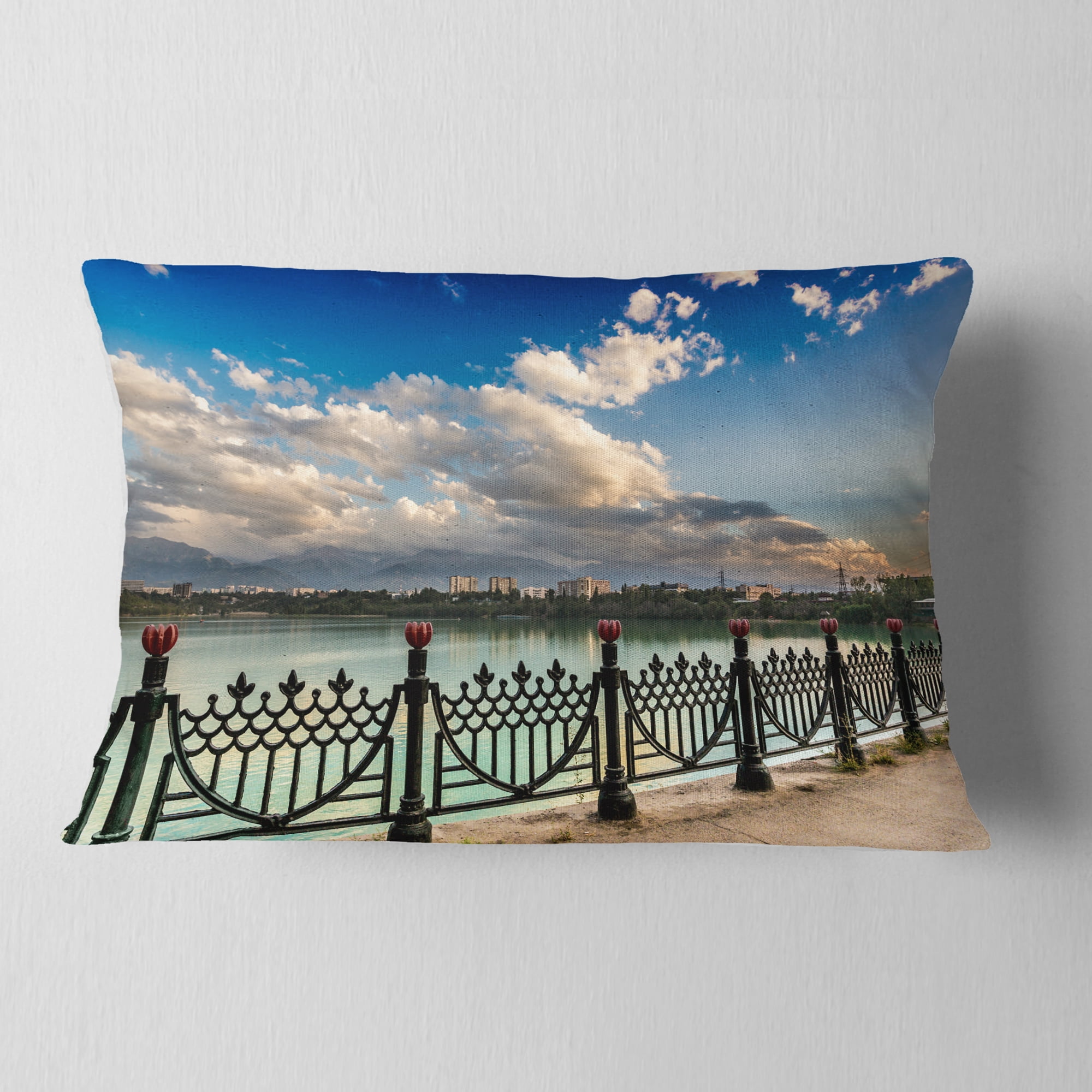 Designart City Lake Under Clouds - Cityscape Photography Throw Pillow - 12x20