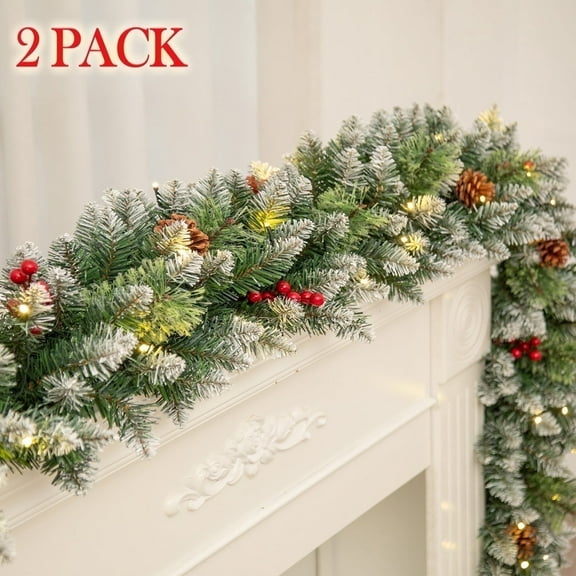 Qunler 2 pack - 9ft Outdoor Pre-Lit Christmas Garland with Lights & Timer for Fireplace Mantel Indoor Outdoor Christmas Decoration, 8 Modes, Battery Operated, Green