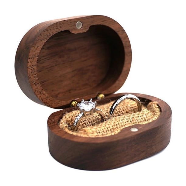 Caja de regalo para anillo de compromiso con 2 ranuras de madera de nogal negro, caja de almacenamiento de joyería para propuesta de cumpleaños (interior negro)