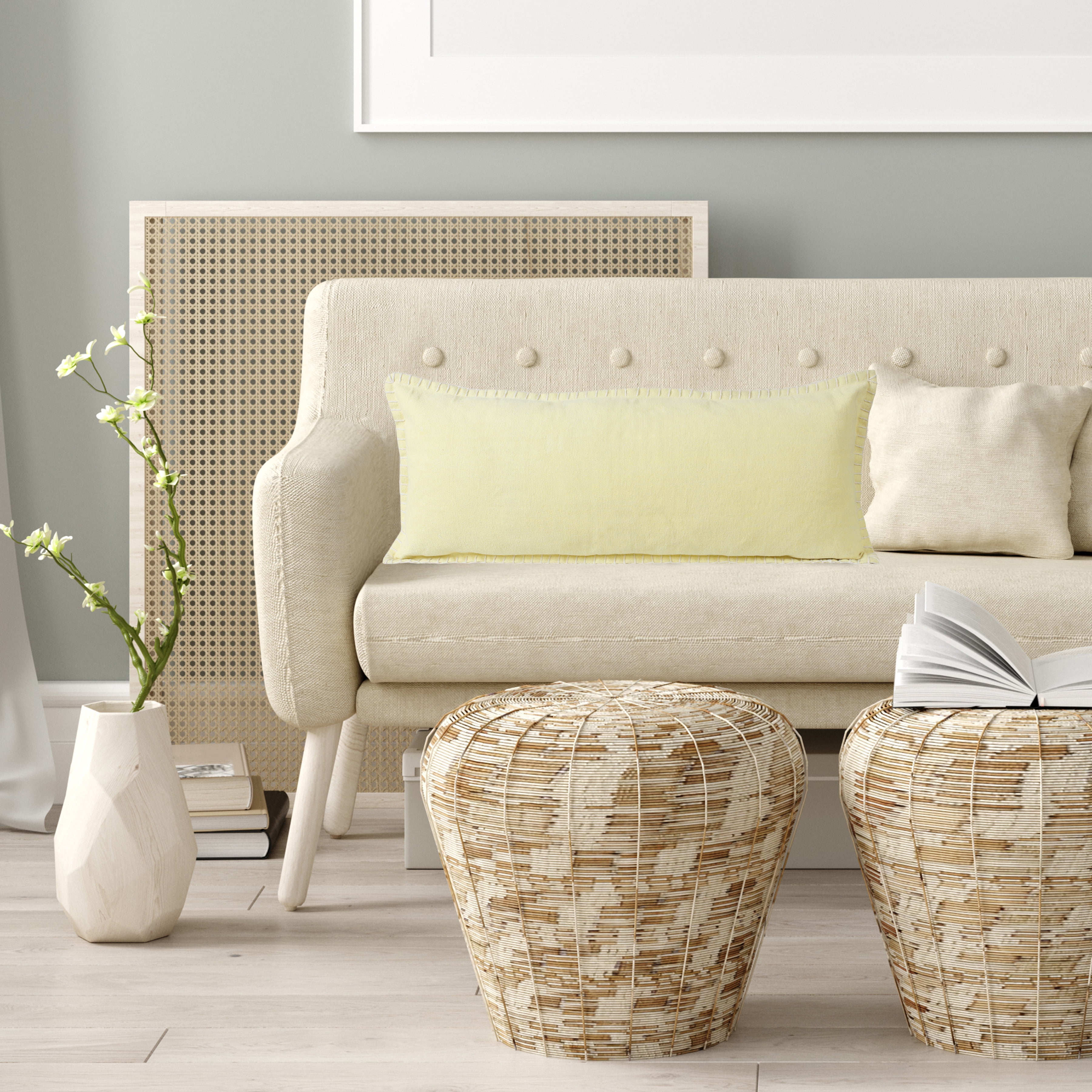 Ox Bay Wilma 14" x 36" Light Yellow Stitch Bordered Cotton Adult Decorative Throw Pillow Cover