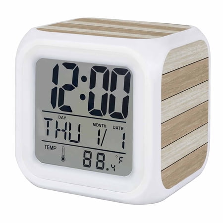 Alarm Clocks Khaki Wood Grain Digital Clock 7 Color LED Night Light Silent Non-Ticking Battery Operated Ombre Wooden Stripe Cube Clocks Decorative for Bedroom Bedside Living Room Office School Decor