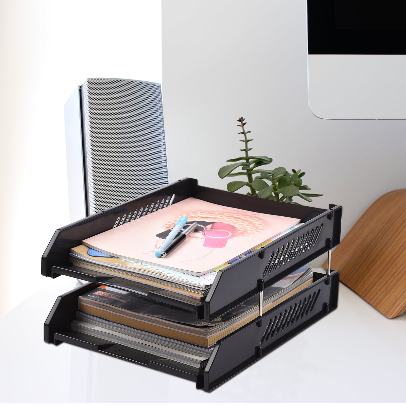 JIELISI Document Tray Desktop File Organizer Stackable 2 Tier Letter Tray Holder Magazine Rack Desk Accessories Paper Storage Stationery Supplies for Office School Home