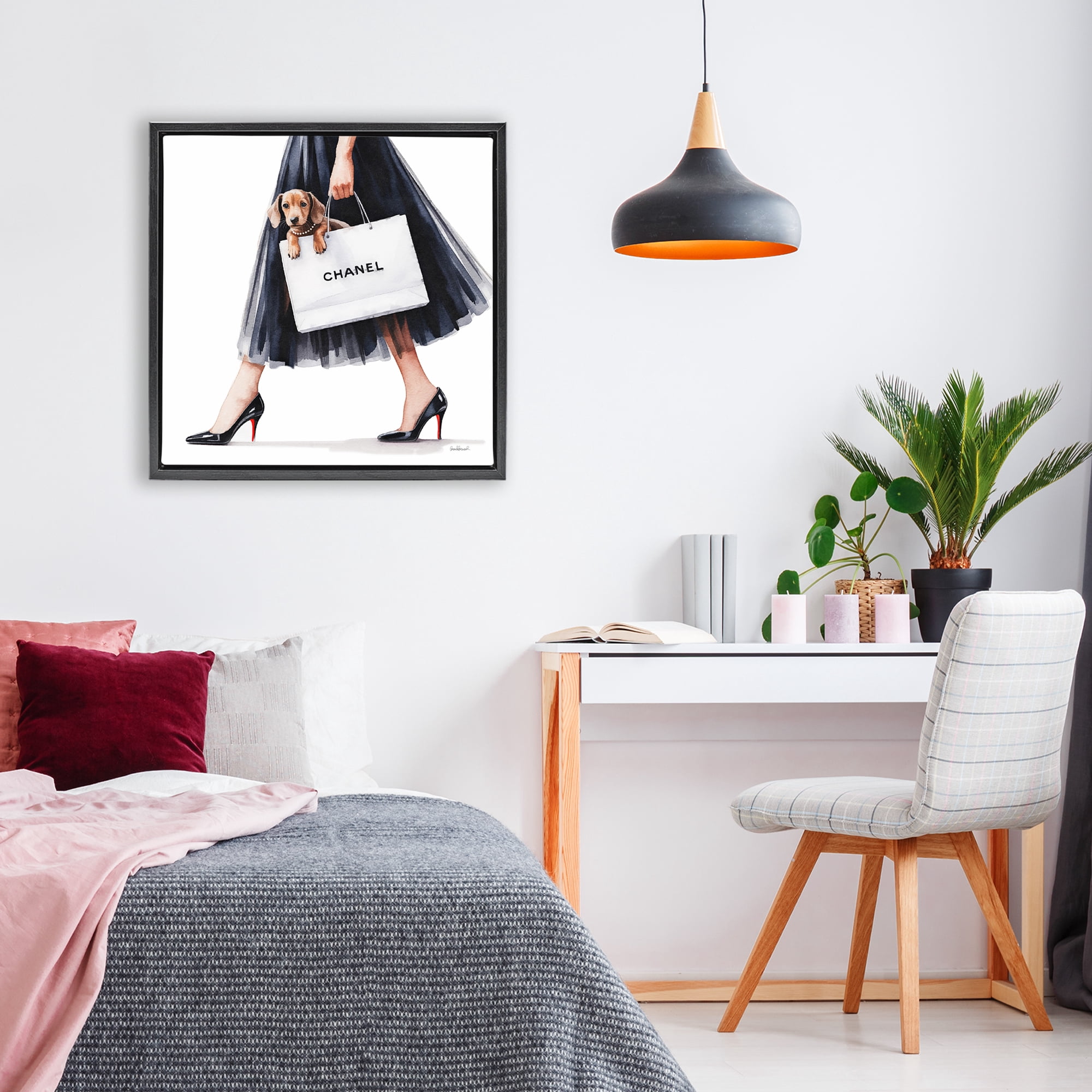 Stupell Industries Elegant Dog & Shopping Bag Black Framed Floater Canvas Wall Art, design by Amanda Greenwood