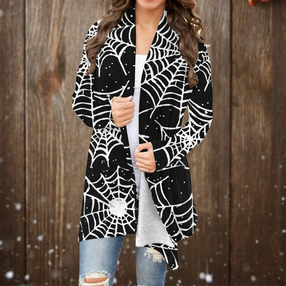 WXLWZYWL Womens Halloween Costumes 2024, Cute Pumpkin Ghost Bat Cat Spider Printed Long Sleeve Cardigan Sweaters for Women Lightweight