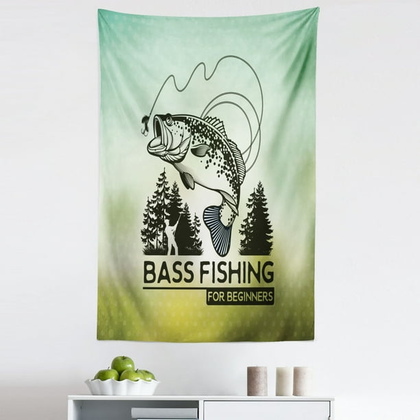 Bass Fish Tapestry, Fishing Beginners Hunting Sea Animals Hook and Bait Man in Forest, Fabric Wall Hanging Decor for Bedroom Living Room Dorm, 5 Sizes, Pale Green and Evergreen, by Ambesonne - Bass Fish Tapestry, Fishing Beginners Hunting Sea Animals Hook and Bait Man in Forest, Fabric Wall Hanging Decor for Bedroom Living Room Dorm, 5 Sizes, Pale Green and Evergreen, by Ambesonne -