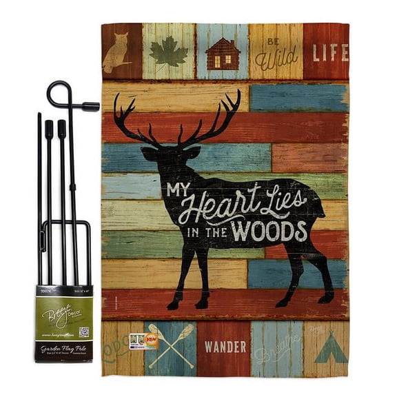 Breeze Decor BD-OU-GS-109053-IP-BO-D-US18-WA 13 x 18.5 in. My Heart Lies in the Woods Nature Outdoor Impressions Decorative Vertical Double Sided Garden Flag Set with Banner Pole