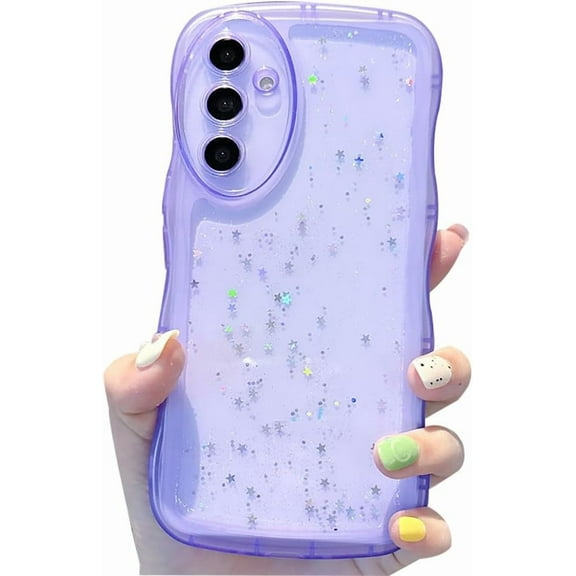 Compatible with Samsung Galaxy S24 Case,Cute Curly Wave Frame Design,Glitter Sparkly Bling Star Thin Slim Shockproof Transparent Soft Cover for Women Girl for Galaxy S24-Purple
