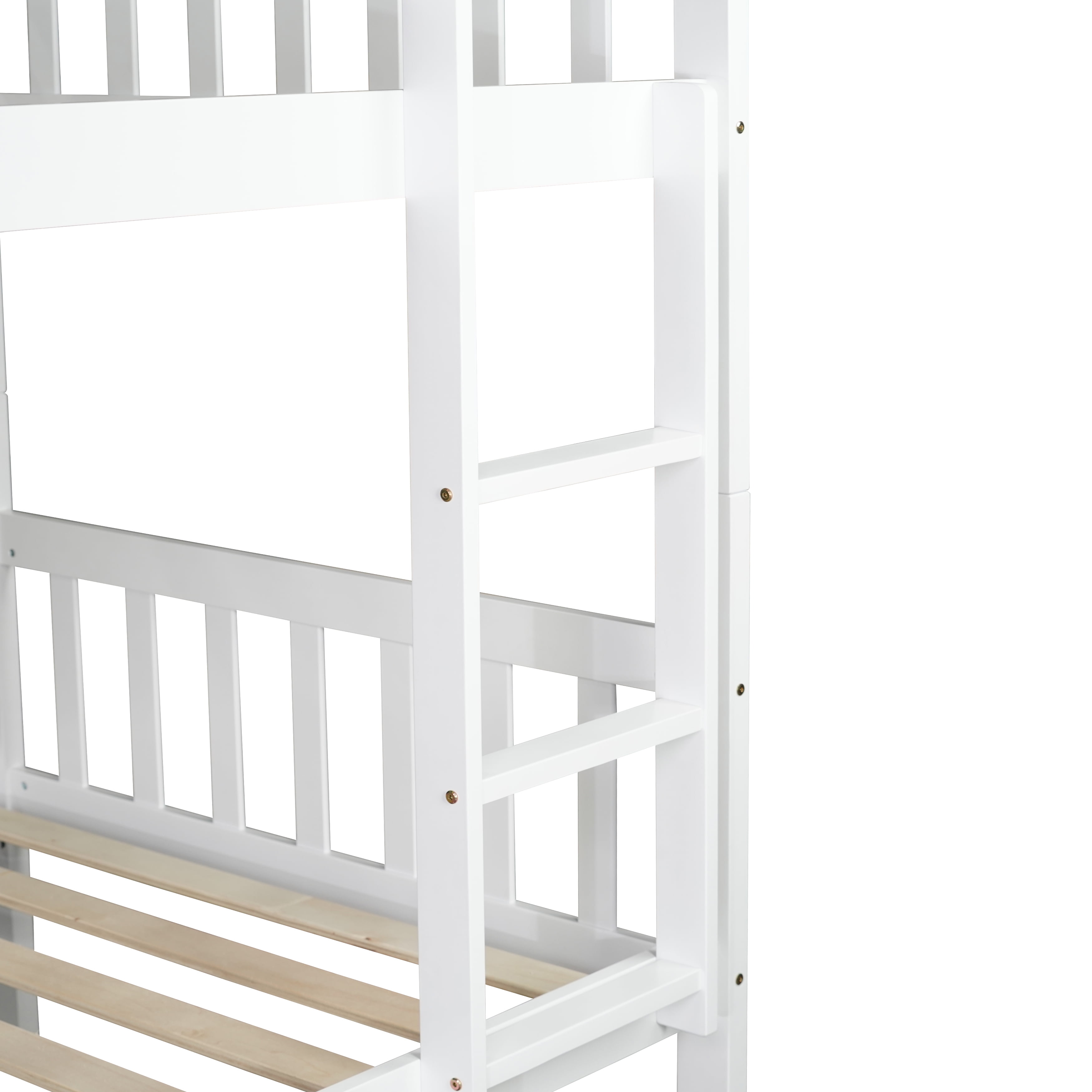 Alvantor Twin Over Twin Wood Bunk Bed with Trundle and Ladder, Convertible into Twin Size Beds, White