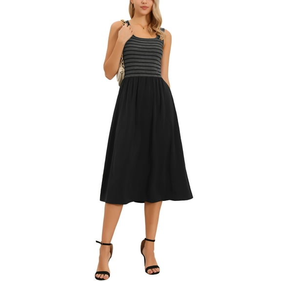 INSPIRE CHIC Casual Dress for Women's Summer Striped Patchwork Square Neck Sleeveless A-Line Midi Dress XS Black