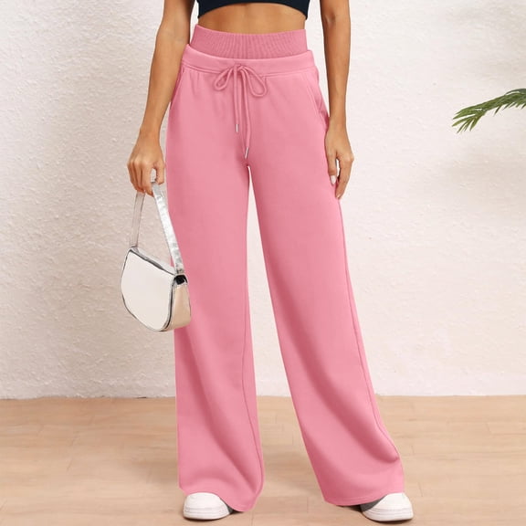 Riecok Trouser Pants for Women High Waist Drawstring Wide Leg Solid Color Casual Soft Sweatpants Lounge Pants